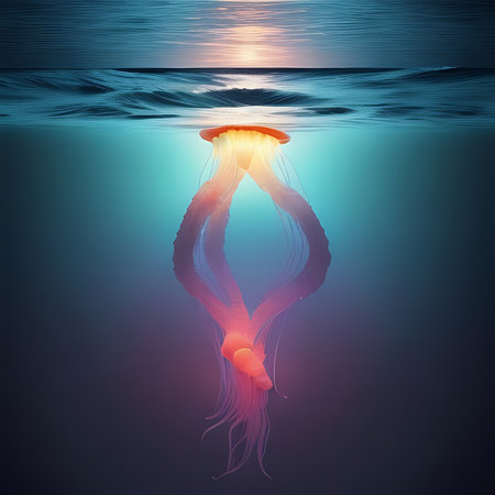 Illustration of a jellyfish floating in the ocean at sunset.の素材