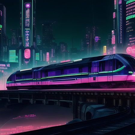 High speed train on the background of the night city. Digital illustrationの素材