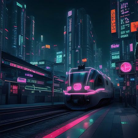 High-speed train in the city at night. 3d renderingの素材