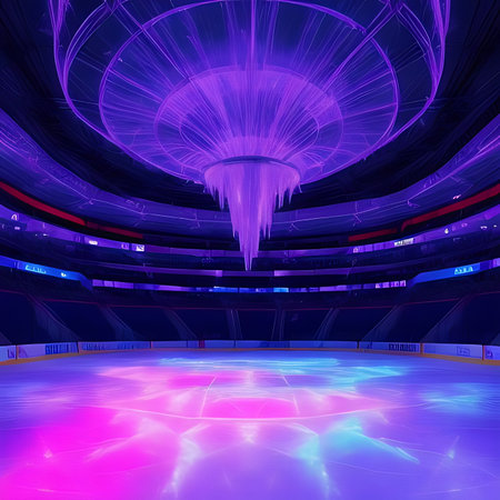 Ice hockey arena. 3D render of ice hockey arena with ice and lights.の素材