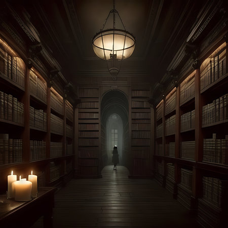 Woman in a dark room with a bookcase and candles. 3D rendering.の素材