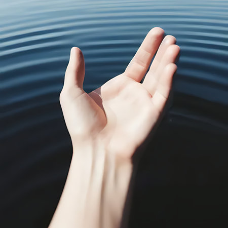 Female hand on rippled water surface with copyspace.の素材