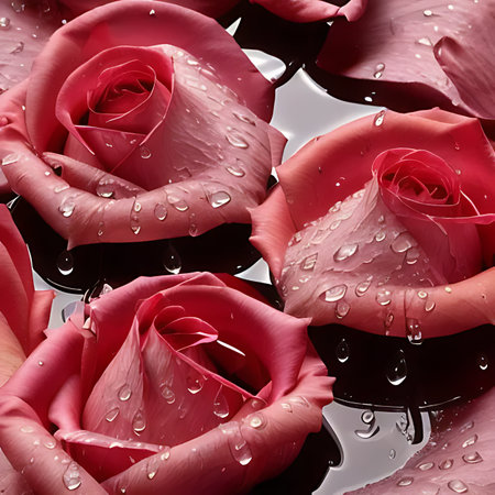 Beautiful pink roses with water drops on grey background, closeupの素材
