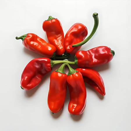 Red hot chili peppers isolated on white background. Flat lay, top viewの素材
