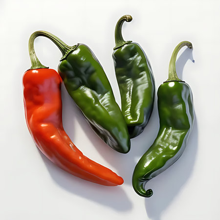 Three red and green hot chili peppers isolated on white background. 3d illustrationの素材