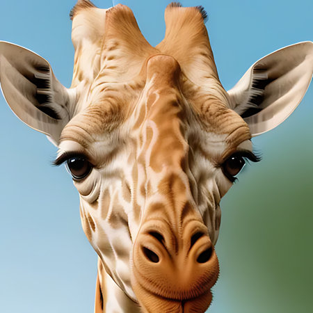 Giraffe head on blue background. 3D illustration. Studio shot.の素材