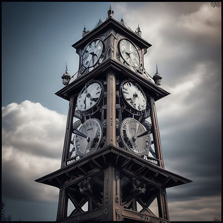 Old clock tower on a cloudy sky background. Toned image.の素材