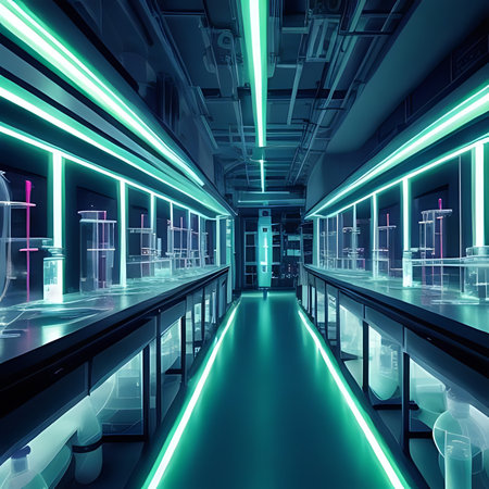 3D rendering of a science fiction corridor with glowing neon lights.の素材