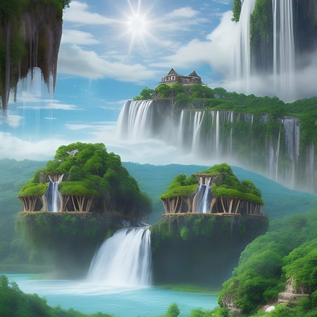 Waterfall in green forest. 3d rendering. Computer digital drawing.の素材