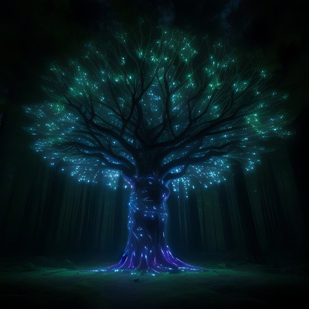 Magic tree in a dark forest with glowing lights. 3D renderingの素材