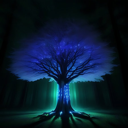 Magic tree in dark forest with glowing lights, 3d render illustrationの素材
