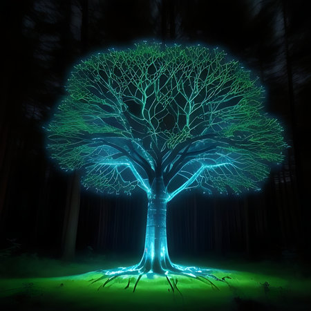 Fantasy glowing tree in the dark forest. 3D Renderingの素材