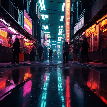Night view of a street in the center of the city with neon lights.の素材