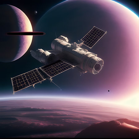 Satellite in space and the planet. 3D rendering. Elements of this image furnished by NASAの素材