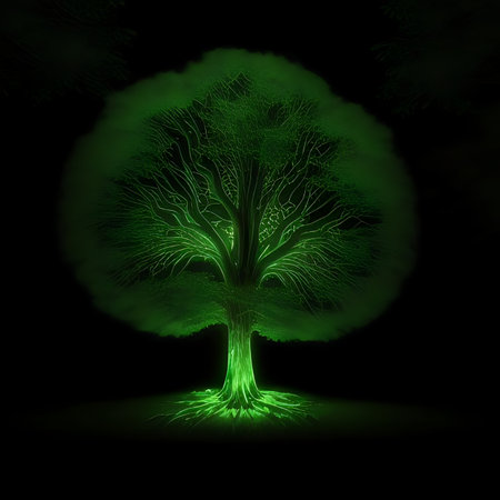 green tree on the black background with green lights. 3d renderingの素材