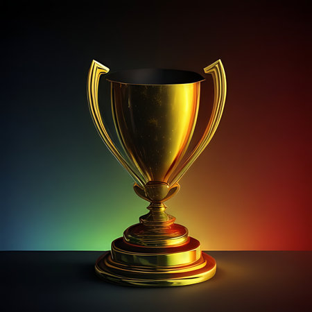 3d rendering of a golden trophy cup on a dark background.の素材