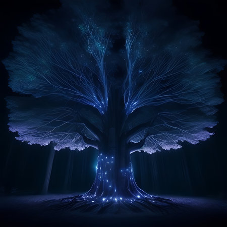 Fantasy tree with blue lights in the dark, 3d illustrationの素材