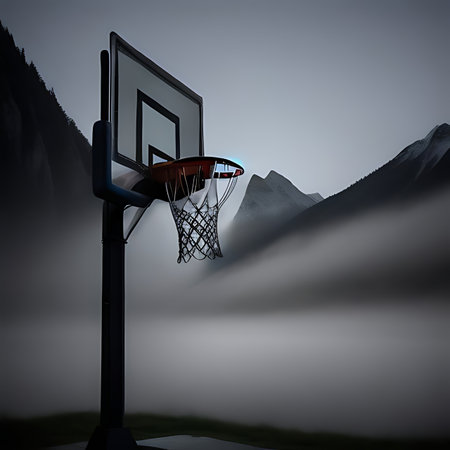Basketball hoop in a foggy landscape. 3D rendering.の素材