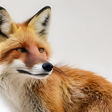 Close up of a red fox isolated on white background. Studio shot.の素材