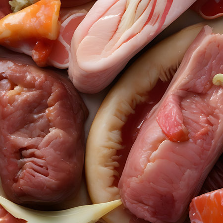 Raw chicken meat with vegetables, top view, close-up.の素材