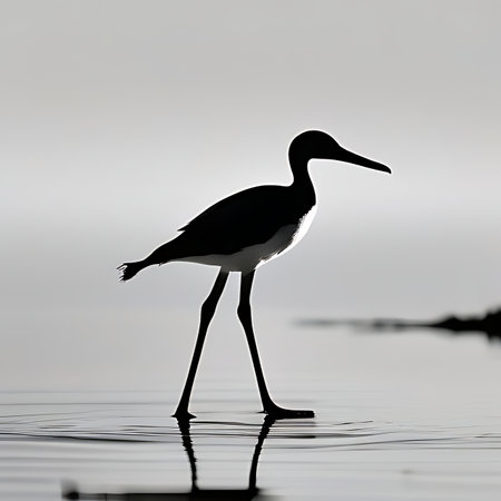 Silhouette of a Black-necked Stilt walking in the waterの素材