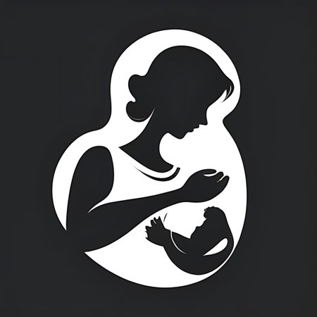 Silhouette of a mother and baby on a black background.の素材