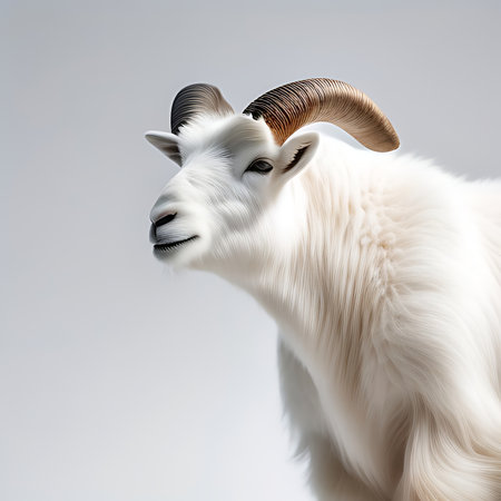Portrait of a white goat with long horns on a gray backgroundの素材