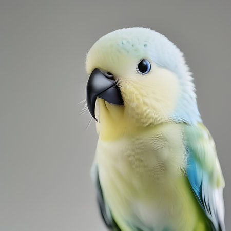 Close up of a beautiful white and blue parrot isolated on grey backgroundの素材
