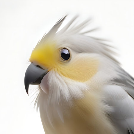 Closeup of a cockatiel parrot isolated on white backgroundの素材
