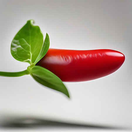 Red hot chili pepper with green leaves on a white background. 3d illustrationの素材
