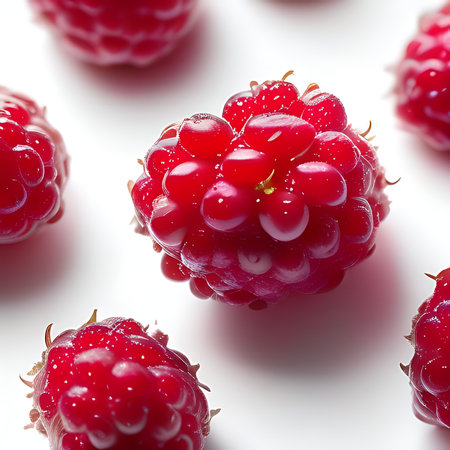 Ripe raspberries close-up on a white background.の素材