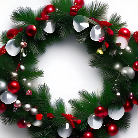 Christmas wreath with baubles and fir branches on white backgroundの素材