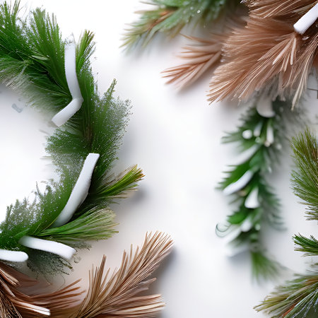 Christmas wreath of fir branches and pine needles on a white backgroundの素材