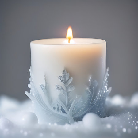 Christmas candle with snowflakes on grey background. 3d renderingの素材