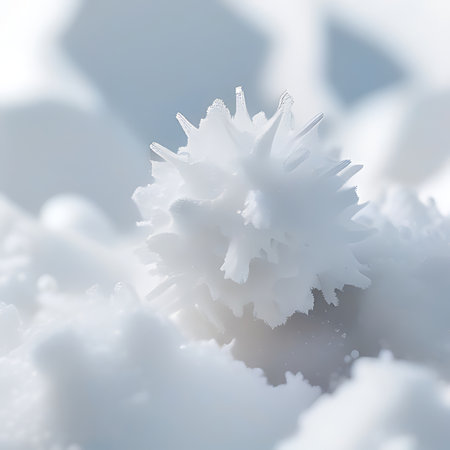 Close-up of white snowflakes on a white background.の素材