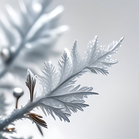 Frosty Christmas tree branch with snowflakes on blue backgroundの素材