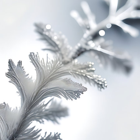 Close-up of silver snowflakes on a white background.の素材