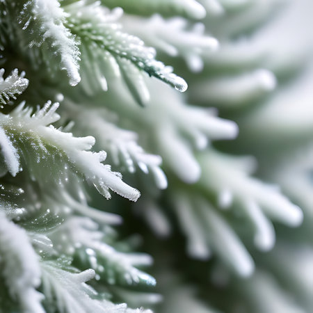Macro detail of snow covered fir tree. Shallow depth of field.の素材