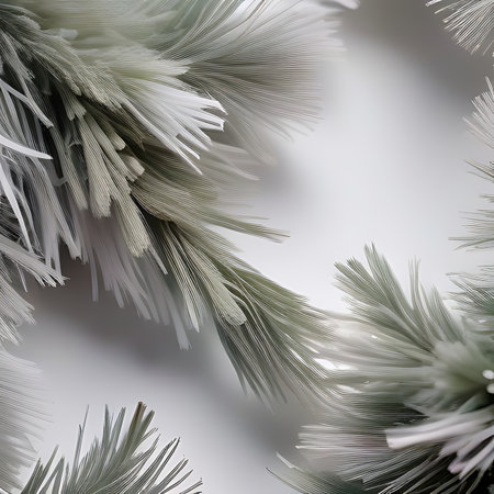 Close up of pine branches with snowflakes on white background.の素材
