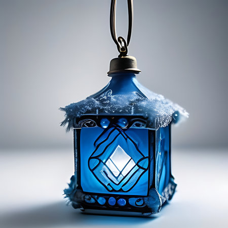 Blue christmas lantern with snow and bokeh on gray backgroundの素材