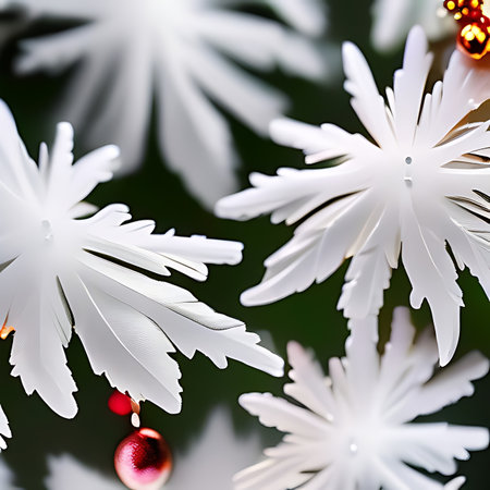 White snowflakes on a green background. Christmas and New Year concept.の素材