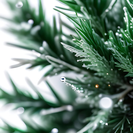 Christmas tree with dew drops close-up on a white backgroundの素材