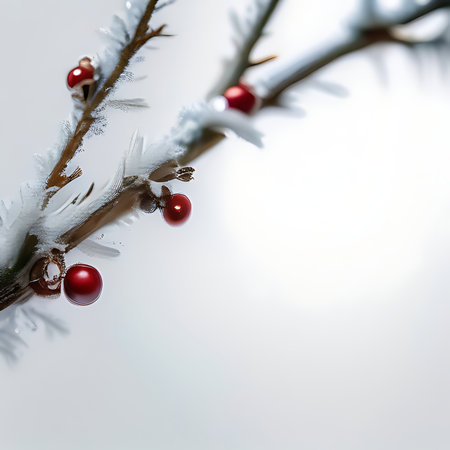 Christmas tree branch covered with snow and red balls on white background.の素材