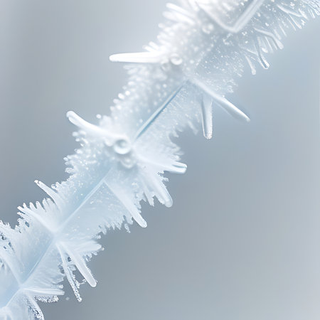 Close-up of ice crystals on a frozen branch. Winter background.の素材