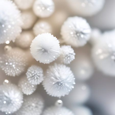 Close-up of white artificial snowflakes in soft focus.の素材
