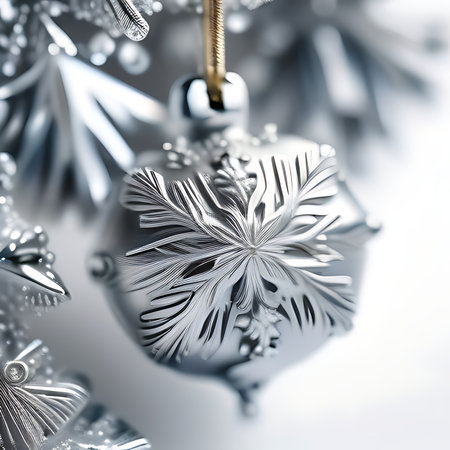 Silver christmas decoration on a white background, close-up.の素材