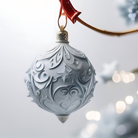 Silver Christmas ornament hanging on a branch with bokeh background.の素材