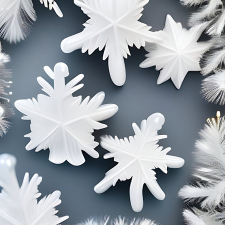 Christmas background with white snowflakes and fir branches. 3d renderの素材