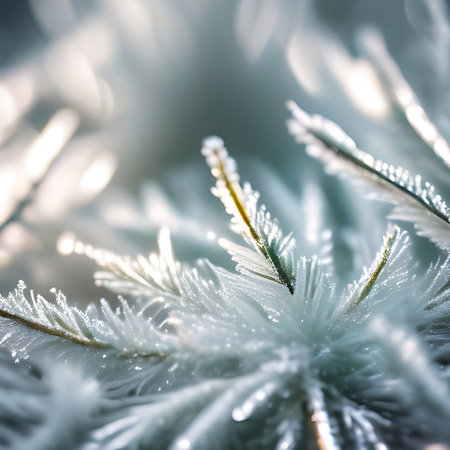Close up of frosted pine tree branches with bokeh backgroundの素材