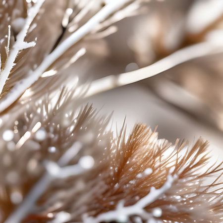 Macro photo of a spruce branch covered with hoarfrostの素材